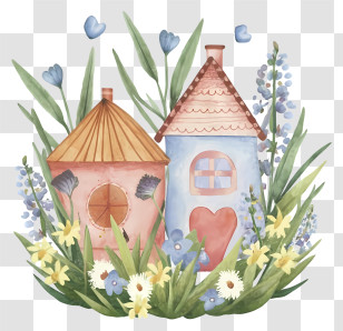 Blue House - Whimsical Houses Surrounded By Flowers And Greenery Transparent PNG