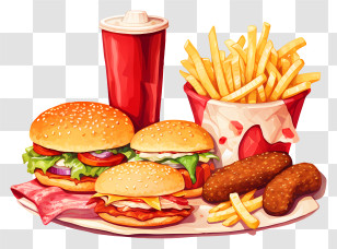 Meal - Fast Food Combo With Burgers, Fries, And Drink Transparent PNG