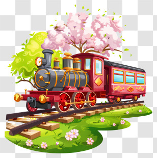 Spring Field - Cartoon Train Under Cherry Blossom Tree Transparent PNG