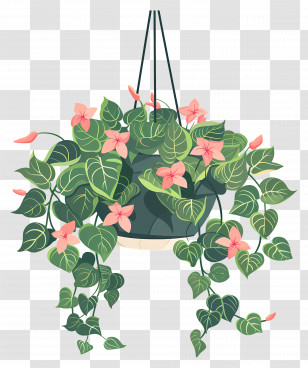 Hanging Flowers - Hanging Plant In Pot With Pink Flowers And Green Leaves Transparent PNG