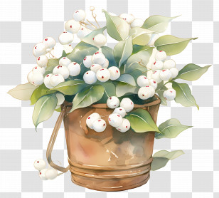 Snowberry Branches - White Berry Decoration In Copper Bucket Transparent PNG