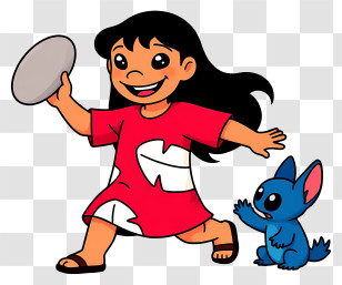 Lilo - Girl Playing With Frisbee And Blue Creature Transparent PNG