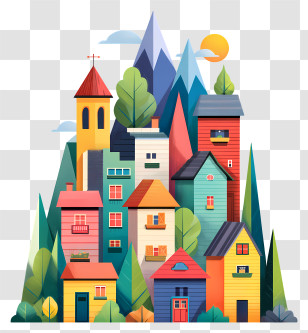 City In Mountains - Colorful Cartoon Village With Mountains Transparent PNG