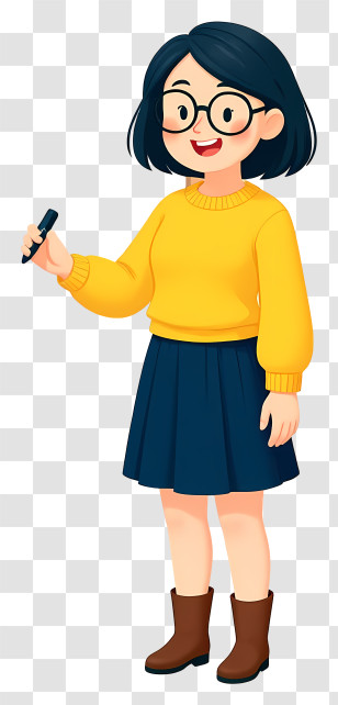 Cartoon Woman Teacher - Friendly Woman In Yellow Sweater Holding Marker Transparent PNG