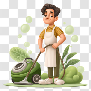 Man Doing Housework - Cartoon Man Cleaning With Vacuum Transparent PNG