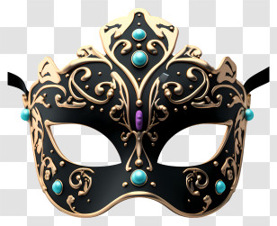 Realistic Style Masquerade Mask - Black Ornate Masquerade Mask With Jewel Details Transparent PNG