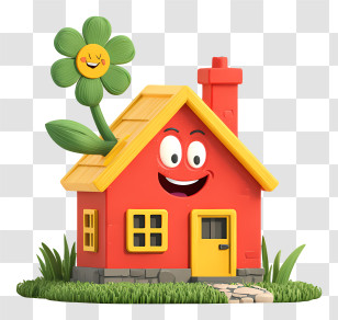 Cartoon House - Cheerful Red House With Sunflower Transparent PNG
