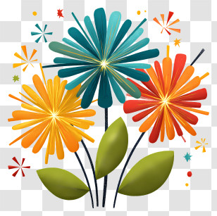 Colorful Fireworks - Colorful Daisies With Leaves Transparent PNG