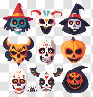 Halloween Characters - Colorful Skull Masks For Halloween Celebration Transparent PNG