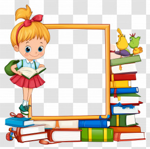 School Simple Frame - Girl Reading Book With Stack Of Books Transparent PNG