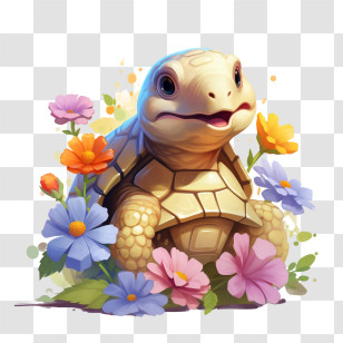 Turtle - Cute Cartoon Turtle With Flowers Transparent PNG