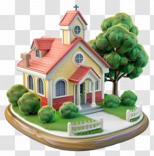 Cartoon School - Miniature Yellow Church With Greenery Transparent PNG