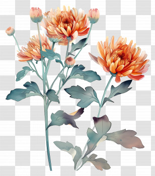 Chrysanthemum - Botanical Illustration Of Orange Chrysanthemums Transparent PNG