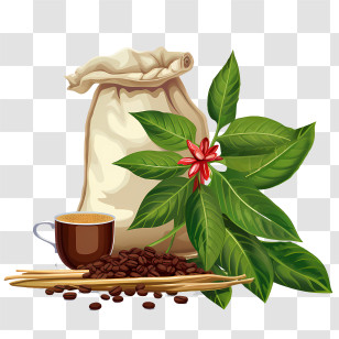 Coffee Beans - Coffee Bag And Plant Illustration With Cup Transparent PNG
