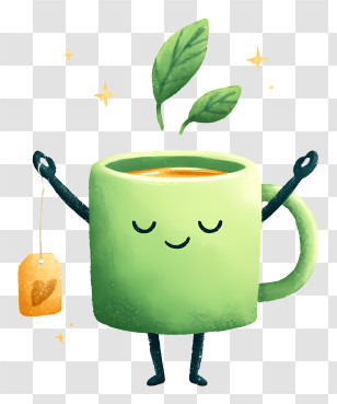 Tea Mug With Tea Bag - Happy Green Tea Mug Character Transparent PNG