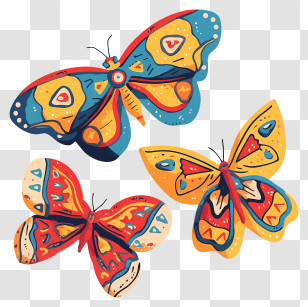Folk Art Butterflies - Colorful Butterflies With Patterns Transparent PNG