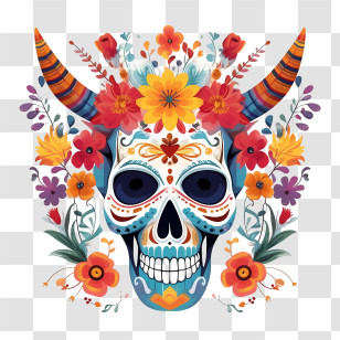 Day Of The Dead
 - Horned Sugar Skull With Vibrant Floral Decoration Transparent PNG