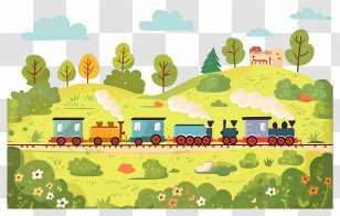 Cartoon Train - Colorful Train On Countryside Landscape Transparent PNG
