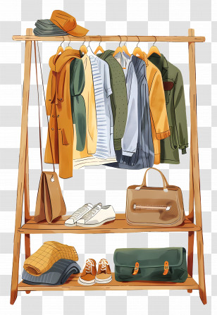 Clothes Rack - Wooden Clothes Rack With Coats, Bags, And Shoes Transparent PNG