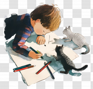 Boy Drawing With Crayons - Boy Drawing With Cats Transparent PNG