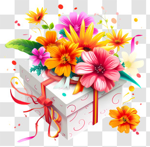 Birthday Flower Gift - Gift Box With Colorful Flowers Transparent PNG