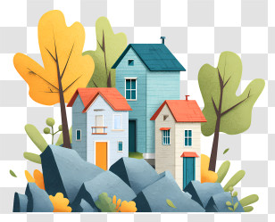 Trees Houses Damaged By Landslide - Colorful Cartoon Houses In Autumn Setting Transparent PNG