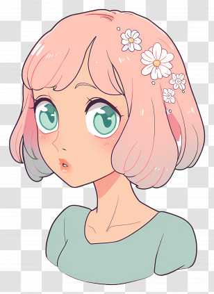 Girl Daisy - Cute Girl With Pink Hair And Flowers Transparent PNG
