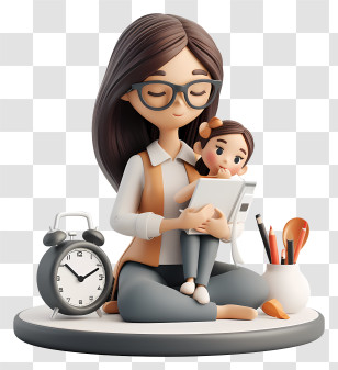 Working Moms Day - Mother And Child With Tablet And Clock Transparent PNG