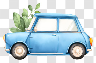 Watercolor Car - Blue Cartoon Car With Leaves Transparent PNG
