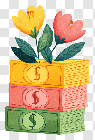 Stack Of Growth Money - Stack Of Books With Flowers And Money Symbols Transparent PNG