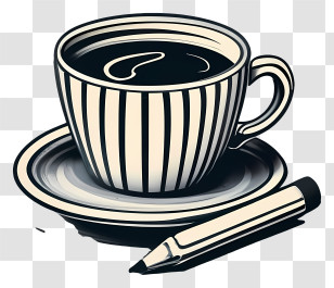 Cup Of Coffee - Striped Coffee Cup With Saucer And Pen Transparent PNG