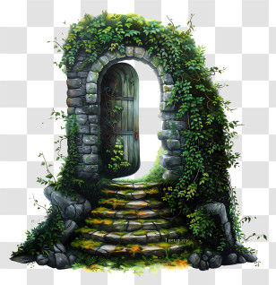 Door - Stone Archway With Open Door And Greenery Transparent PNG