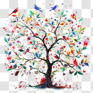 Tree With Birds - Colorful Tree With Birds And Flowers Transparent PNG