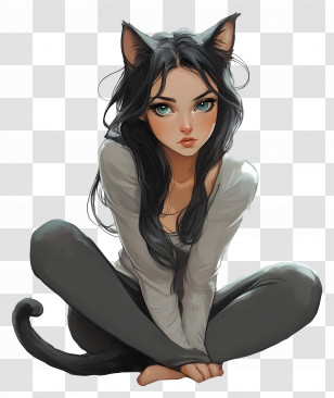 Cat Girl - Cat Girl Sitting Cross-Legged Transparent PNG