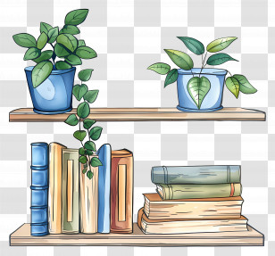 Shelf With Plants And Books - Shelf With Decorative Plants And Books Illustration Transparent PNG
