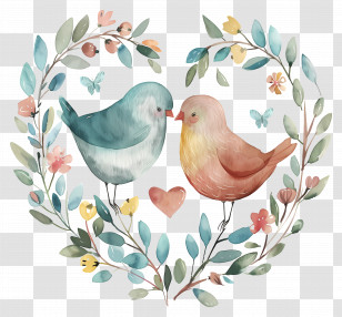 Lovebirds - Birds In A Floral Heart Wreath Transparent PNG