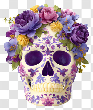 Sugar Skull With Flowers - Purple Floral Skull With Flowers Transparent PNG