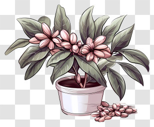 Pastel Coffee Plant - Illustrated Potted Plant With Pink Flowers Transparent PNG