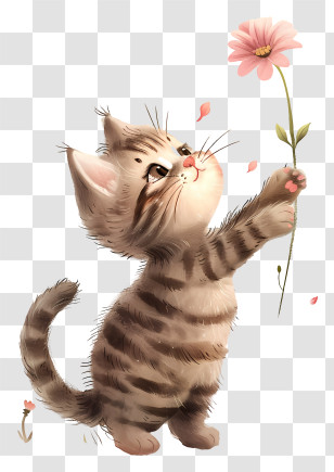 Little Cat Playing Flowers - Kitten Holding A Flower Transparent PNG