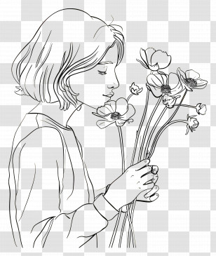 Woman - Girl Holding Flowers Line Art Transparent PNG