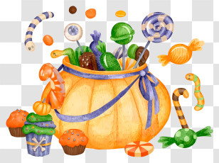 Watercolor Halloween Candy Pot - Halloween Candy Bag With Treats Transparent PNG