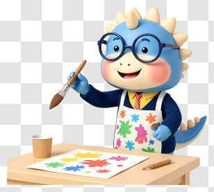 Dinosaur Mascot Teaching - Blue Dino Painter At Table Transparent PNG