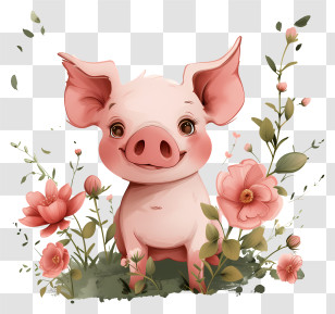 Pig Day - Cute Cartoon Pig Surrounded By Flowers Transparent PNG