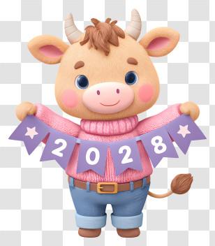 Cartoon Cow 2028 - Cute Cow With 2028 Banner For New Year Transparent PNG