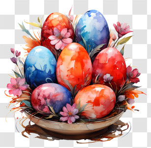 Easter Egg - Vibrantly Painted Easter Eggs In A Basket With Floral Decor Transparent PNG