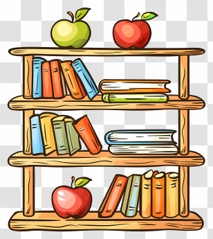 Bookshelf - Illustration Of Wooden Bookshelf With Books And Apples Transparent PNG