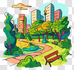 Town Park - Vivid Urban City Park With Pathways And Benches Transparent PNG