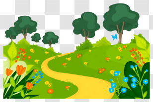 Spring Field - Lush Garden Scene With Path, Flowers, And Trees Transparent PNG