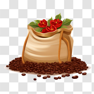 Coffee Beans - Bag Of Coffee Beans With Red Flowers Transparent PNG