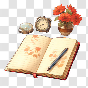 Dear Diary Day - Open Notebook With Pen And Flowers Transparent PNG